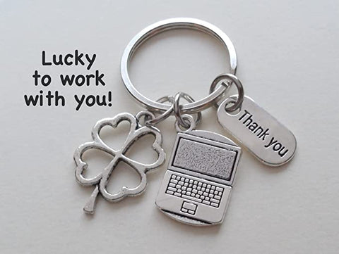 Employee Appreciation Keychain, Clover, Computer Laptop & Thank You Charm, Lucky to Work with You!