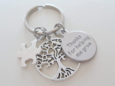 Thanks for Helping Me Grow Engraved Disc with Tree & Puzzle Charm Keychain Gift, Teacher or Therapist Appreciation