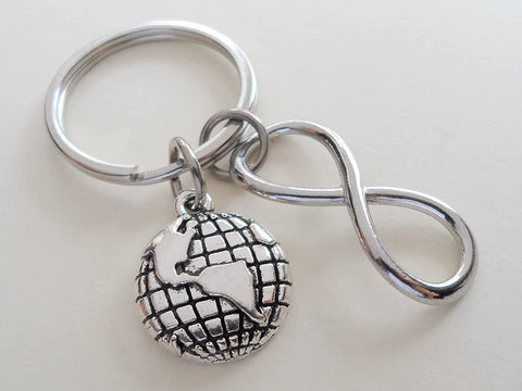 World Globe & Infinity Charm Keychain; Couples Keychain