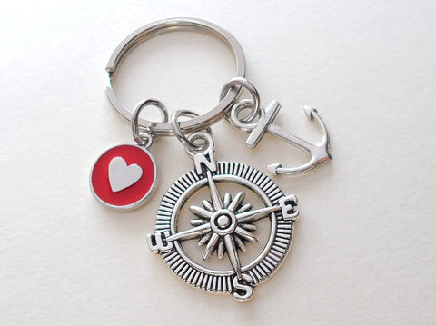 Compass Charm Keychain with Anchor & Red Circle Charm with Heart- I'd Be Lost Without You; Couples Keychain