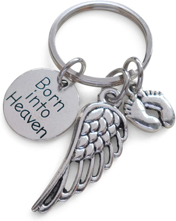 Baby Memorial Keychain • Born into Heaven Keychain w/ Baby Feet & Wings Charm | Jewelry Everyday