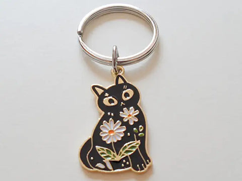 Black Cat Charm Keychain with Daisy Flowers, Cat Person Keychain, Cat Lady Keychain