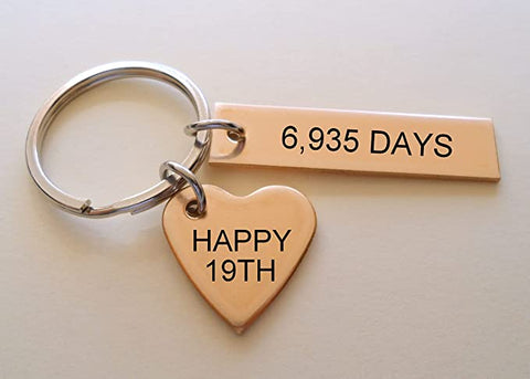 Bronze Tag Keychain, Rectangle Engraved with "6,935 Days", and Heart Tag Engraved "Happy19th"; 19 Year Anniversary Couples Keychain