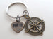 Bronze Compass Charm Keychain with 8 Tally Mark Heart Charm - I'd Be Lost Without You; Couples Keychain