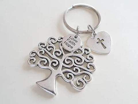 Tree Keychain with Heart Tag with a Cross & Small Love Faith Hope Disc Charm, Religious Keychain