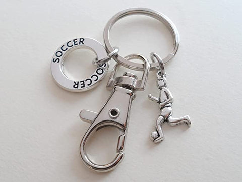 Soccer Player Keychain with Soccer Ring Charm and Swivel Clasp Hook, Soccer Player or Coach Keychain