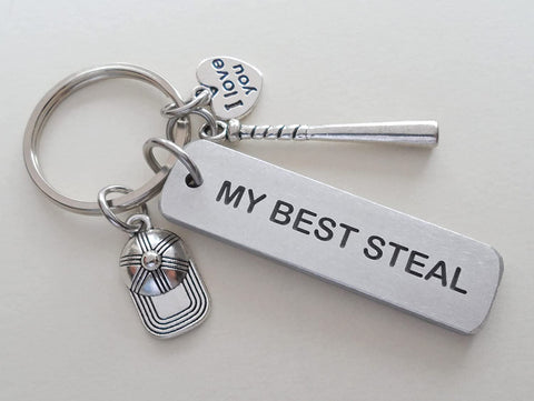 Baseball or Softball Keychain with "My Best Steal" Engraved on Aluminum Tag with Baseball Cap & Bat Charm, and I Love You Heart Charm