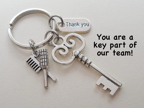 Hair Stylist Staff Appreciation Keychain, Key Charm, Brush & Comb Charm, and Thank You Charm Keychain