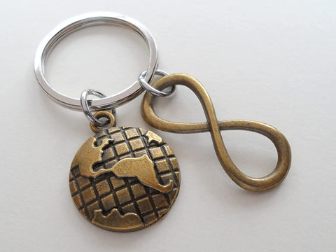 Bronze World Globe & Infinity Charm Keychain; 8 Year Anniversary Couples Keychain