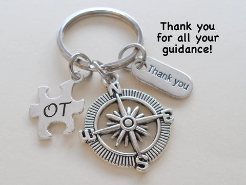 Occupational Therapist Keychain with Guidance Compass Charm, OT Puzzle, and Thank You Charm, OT Appreciation