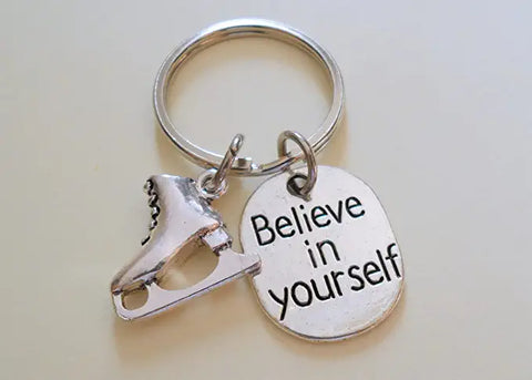 Ice Skating Keychain with Ice Skate Charm and Believe in Yourself Charm, Ice Skater or Coach Keychain