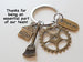 Housekeeping Appreciation Gift Keychain; Bronze Gear, Broom, House & Thank You Charm Keychain
