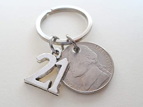 Custom 2001 Nickel Keychain with 21 Charm, Year Anniversary Gift, Husband Wife Key Chain, Boyfriend Girlfriend Gift, Customized Couples Keychains
