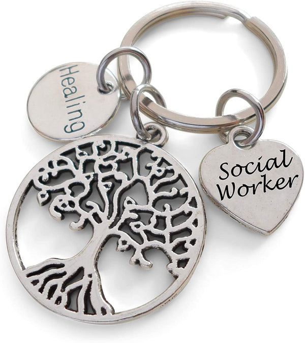 Employee Appreciation Gifts • Tree Charm, "Healing" Circle Charm, and a "Social Worker" Heart Charm Keychain by JewelryEveryday