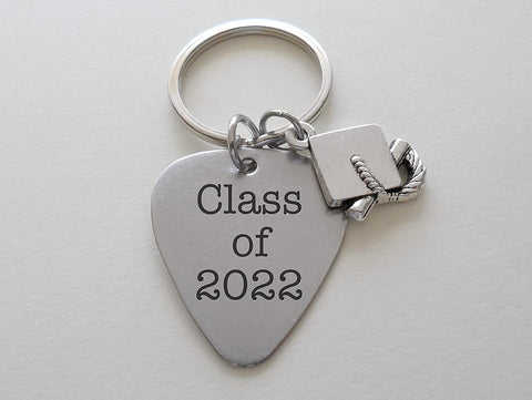 Custom Engraved Graduation Metal Guitar Pick Keychain with Graduate Charm, Class of 2024 Personalized Graduate Keychain, Gift for Graduate