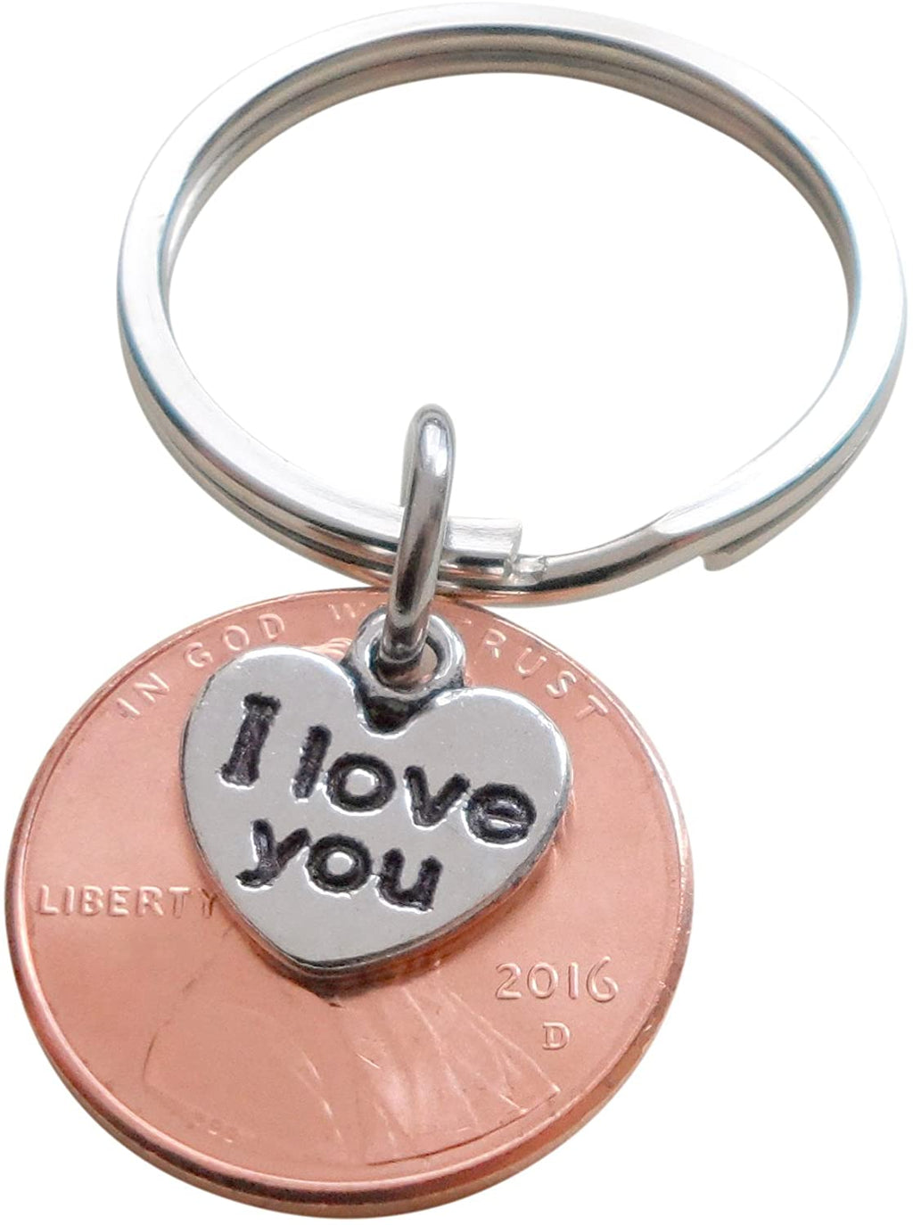 I Love You Heart Charm Layered Over 2016 Penny Keychain; 8 Year Anniversary Gift, Couples Keychain