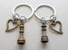 Bronze Chess Piece Charm Keychains with Heart Charms, King and Queen Set - Couples Keychain Set