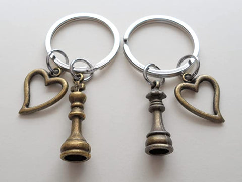 Bronze Chess Piece Charm Keychains with Heart Charms, King and Queen Set - Couples Keychain Set