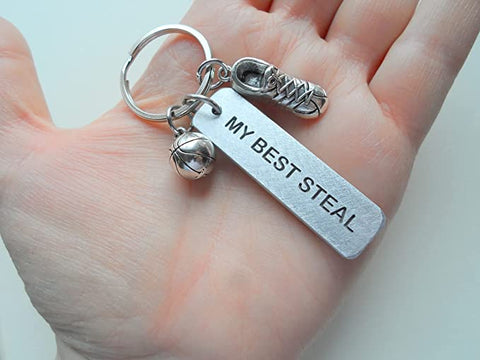 "My Best Steal" Engraved on Aluminum Tag Keychain With Basketball & Sneaker Shoe Charm, Basketball Player Keychain
