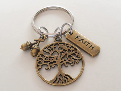 Bronze Tree Keychain with Faith Tag Charm & Seeds Charm, Religious Keychain