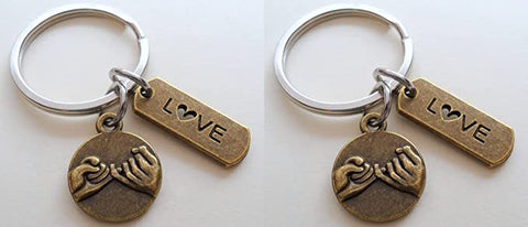 Double Keychain Set, Bronze Pinky Promise & Love Tag Charm Keychains, Best Friend or Couples Keychains