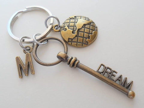 Custom Bronze Dream Key Charm Keychain with World Globe Charm, Personalized Graduate Keychain