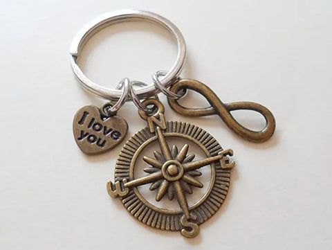 Bronze Compass Charm Keychain with Infinity & I Love You Heart Charm - I'd Be Lost Without You; Couples Keychain