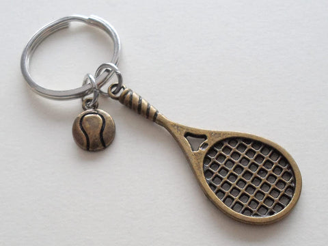Bronze Tennis Racquet & Ball Charm Keychain, Graduate Keychain, Tennis Player Keychain