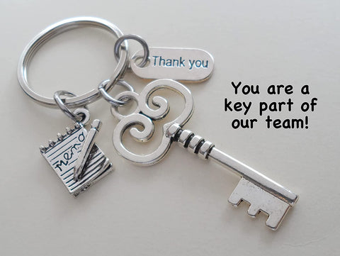 Key & Memo Pad Charm Keychain with Thank You Charm, Secretary, Office Staff, & Receptionist Gift Keychain