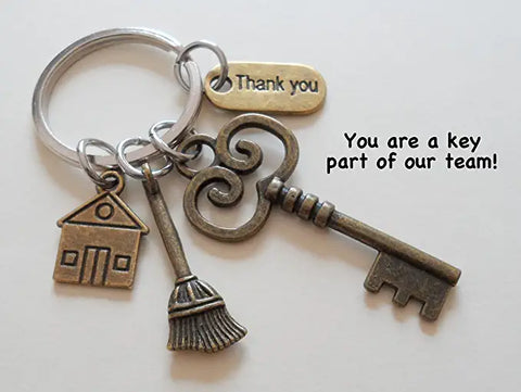 Housekeeping Appreciation Gift Keychain; Bronze Key, Broom, House & Thank You Charm Keychain