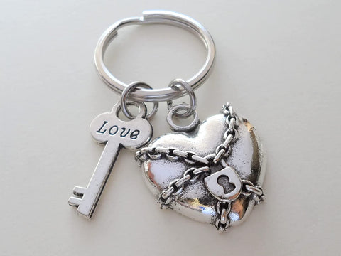 Heart with Chains & Lock Charm Keychain with Love Key Charm; Couples Keychain