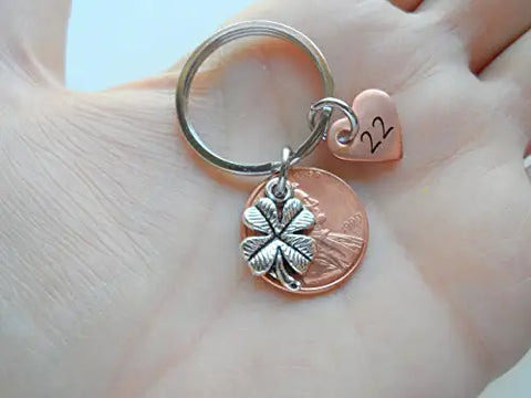 Custom Penny Keychain With Clover Charm and Copper Heart Charm Anniversary Gift, Husband Wife Key Chain, Boyfriend Girlfriend Gift, Couples Keychain