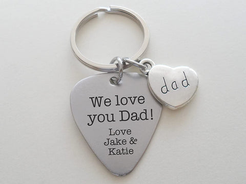Custom Engraved Stainless Steel Guitar Pick Keychain with Dad Heart Charm for Father's Day