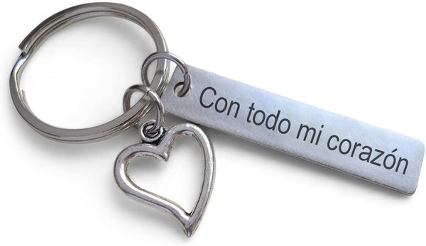 Heart Charm & Steel Tag Engraved "Con todo mi corazón" (With All My Heart) in Spanish, Couples Anniversary Keychain