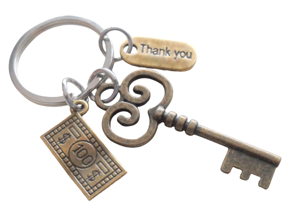 Bronze Key & Money Charm Keychain, Cashier Team, Convenience Store Employee Appreciation, Grocery Store Staff, Thank You Keychain