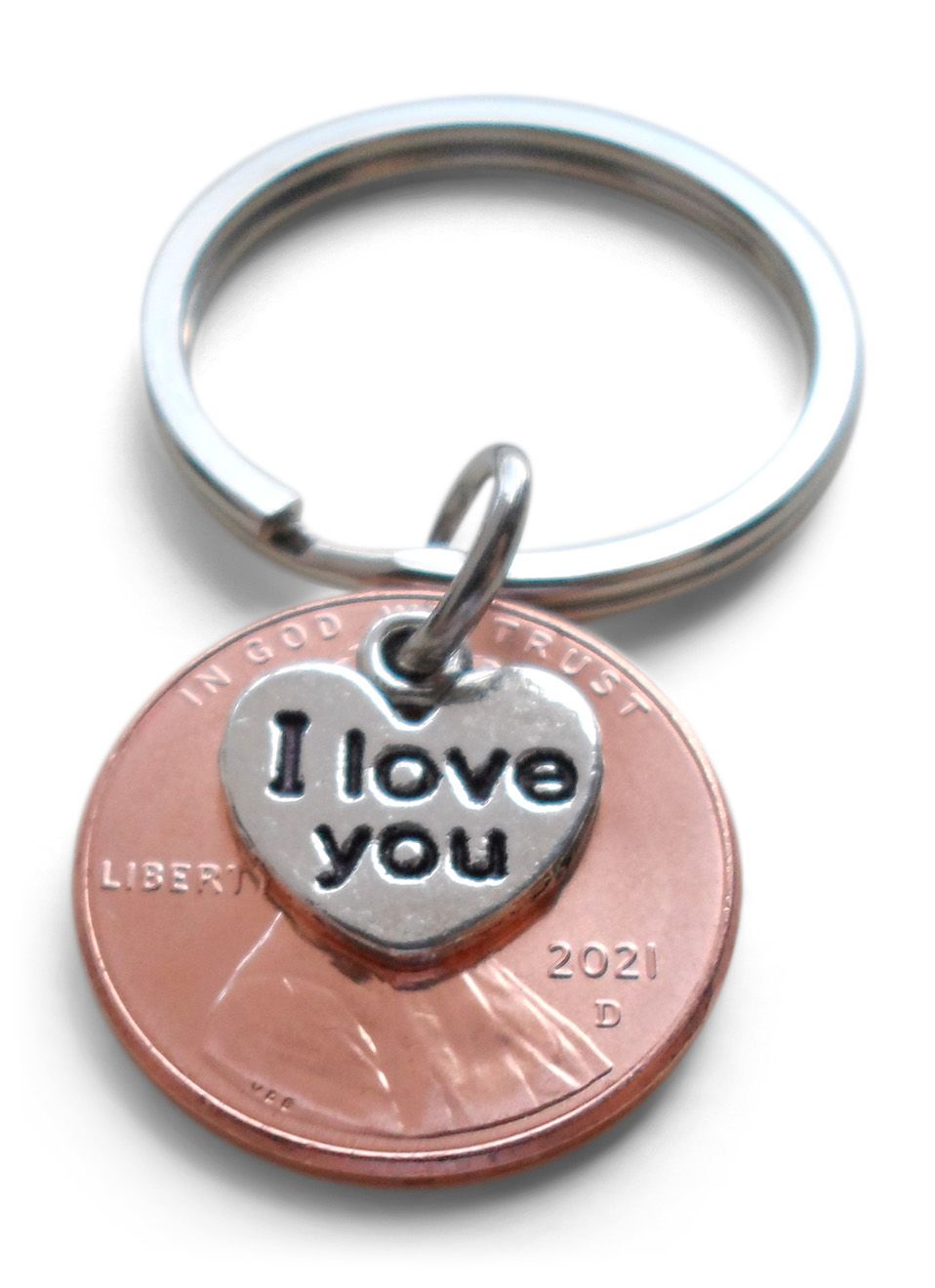 I Love You Heart Charm Layered Over 2021 US One Cent Penny Keychain; Anniversary Gift, Couples Keychain