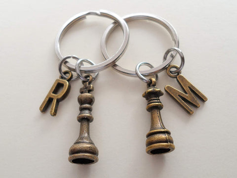 Custom Bronze Small King & Queen Chess Charm Keychains with Letter Charms, Anniversary Keychains