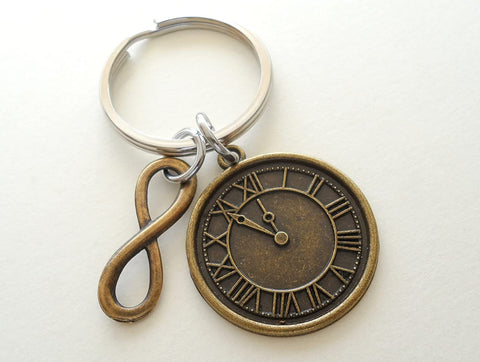 Custom Bronze Clock Keychain with Infinity Charm & Option to Add Engraving on Back for Couples or Best Friends, Anniversary Gift Keychain