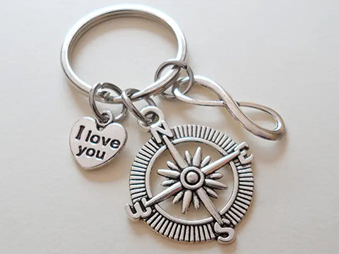 Compass Charm Keychain with Infinity & I Love You Heart Charm - I'd Be Lost Without You; Couples Keychain