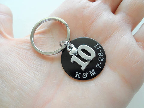 Custom Engraved Anodized Aluminum Disc Anniversary Keychain With a 10 Charm, Couples Keychain