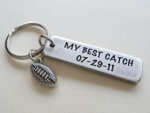 Custom Engraved "My Best Catch" and Anniversary Date Aluminum Keychain with Football Charm; Couples Anniversary Gift