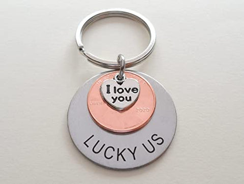 Custom Engraved Steel Disc Keychain with Penny & I Love You Heart Charm, Anniversary Husband Wife Key Chain, Boyfriend Girlfriend Customized Couples Keychain