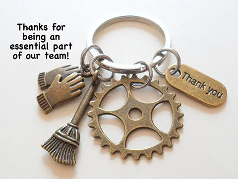 Housekeeping Appreciation Keychain; Bronze Gear, Broom, Work Gloves & Thank You Charm Keychain