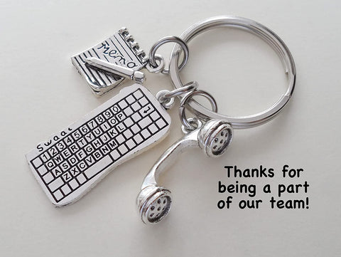 Computer Keyboard Charm Keychain with Memo Pad & Phone Charm; Secretary, Receptionist, Office Staff, or Employee Keychain