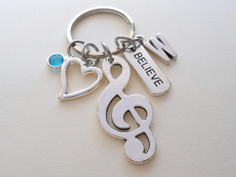 Custom Treble Clef Charm Keychain with Heart and Believe Charm, Personalized Graduate Keychain, Gift for Musician Graduate