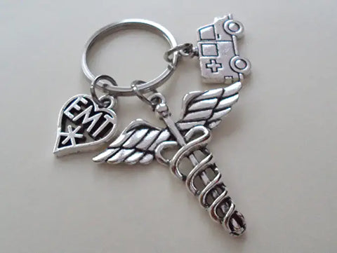 Emergency Medical Technician Keychain, EMT, Medical Symbol & Ambulance Charm Keychain