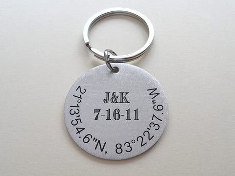 Custom Engraved Coordinates Keychain Aluminum Disc with Compass Charm, Anniversary Gift Keychain, Special Occasion GPS Keychain