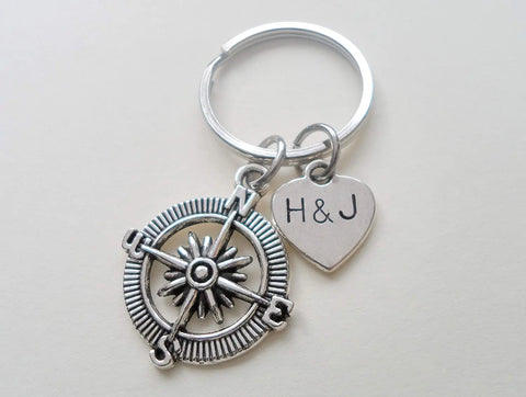 Custom Compass Keychain with Personalized Tag for Couples or Best Friends Initials, Anniversary Gift Keychain