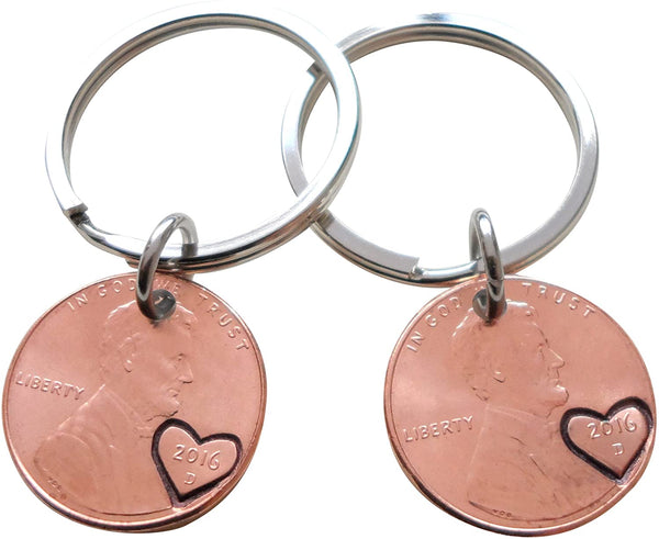 Double Keychain Set 2016 Penny Keychains with Engraved Heart Around Year; 8 Year Anniversary Gift, Couples Keychain