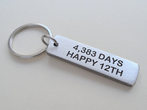 Aluminum Tag Keychain Engraved with "4,383 Days, Happy 12th"; Handmade 12 Year Anniversary Keychain